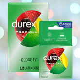 Image of Durex Tropical Close Fit Flavored Condoms 🍓 🍌 🍎 🍊. The packaging features fruit slices in vibrant colors, evoking a tropical getaway. Text highlights flavors: banana, strawberry, apple, and emphasizes 5X testing for reliability. Offered in packs of 12 and 3 condoms.